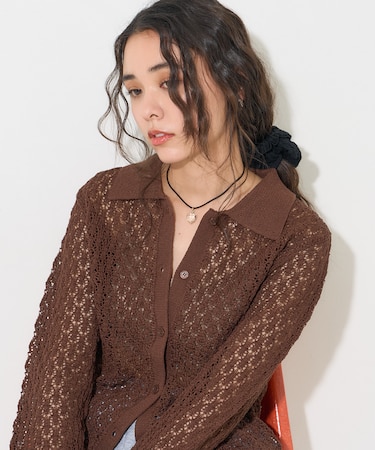 透かし編み ニットポロ カーディガン