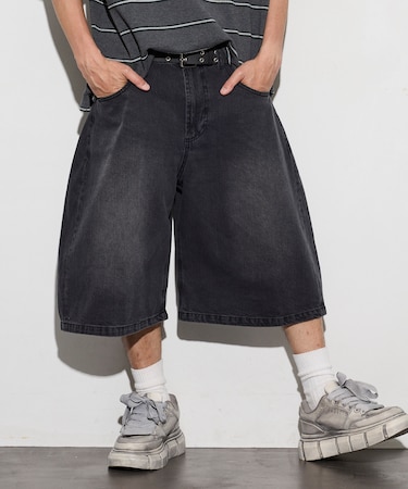 ワイドシルエット ヴィンテージ加工 クロップド カーブ デニム ショートパンツ