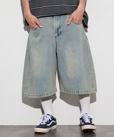 ワイドシルエット ヴィンテージ加工 クロップド カーブ デニム ショートパンツ