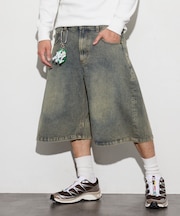 ワイドシルエット ヴィンテージ加工 クロップド カーブ デニム ショートパンツ