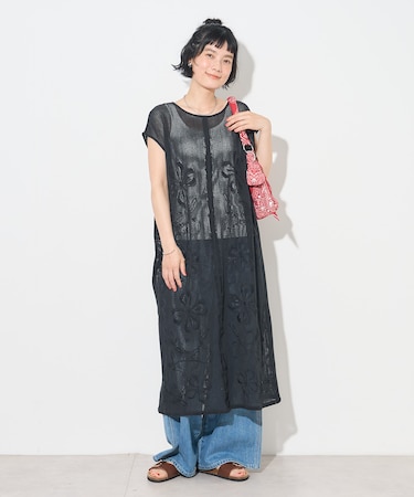 インド メッシュ刺繍ノースリーブワンピース
