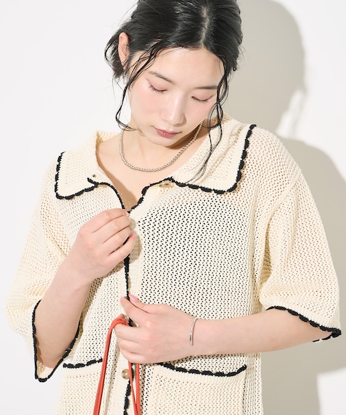 メッシュ 配色 半袖 カーディガン