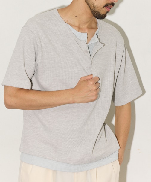 ワッフル フェイクレイヤード ヘンリーネック Tシャツ