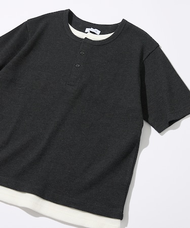 ワッフル フェイクレイヤード ヘンリーネック Tシャツ