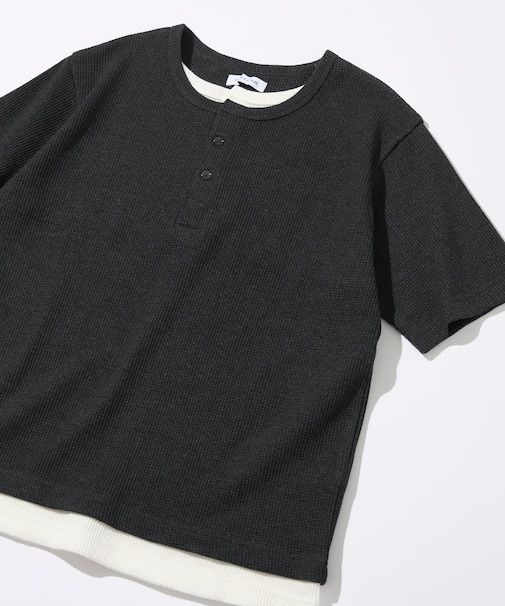 ワッフル フェイクレイヤード ヘンリーネック Tシャツ