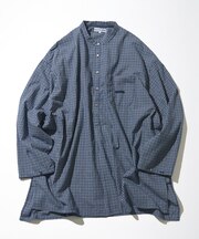 Indigo Madras Check Pullover Stand Collar Shirt