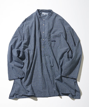 Indigo Madras Check Pullover Stand Collar Shirt