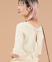 リボン付き 2WAY ワッフル 5分袖Tシャツ