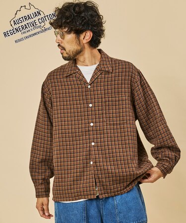 AUSTRALIAN COTTON オープンカラー チェックシャツ ロングスリーブ