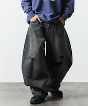 ワイドシルエット カーブ デニムパンツ ダメージ加工