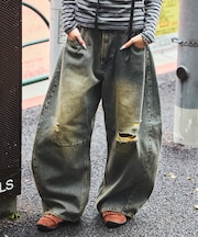 ワイドシルエット カーブ デニムパンツ ダメージ加工