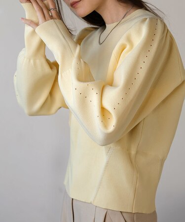 スウェットライクウエスト切替ニットトップス