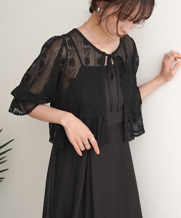 【オケージョンドレス/結婚式/2サイズ展開/SET ITEM/インナー付き/裏地付き】レースボレロ+キャミワンピースSET