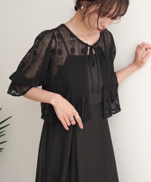 【オケージョンドレス/結婚式/2サイズ展開/SET ITEM/インナー付き/裏地付き】レースボレロ+キャミワンピースSET