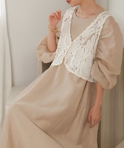 【低身長向けサイズあり】バテンレースベスト+ギャザースリーブワンピースセット