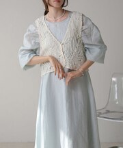 【低身長向けサイズあり】バテンレースベスト+ギャザースリーブワンピースセット