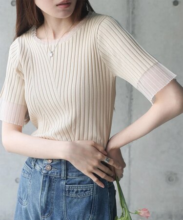 シアー使い5分袖リブニットトップス/サマーニット