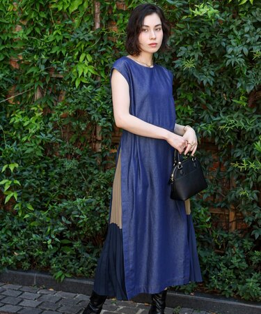 デニムライクプリーツ配色ワンピース