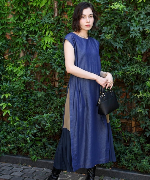 デニムライクプリーツ配色ワンピース