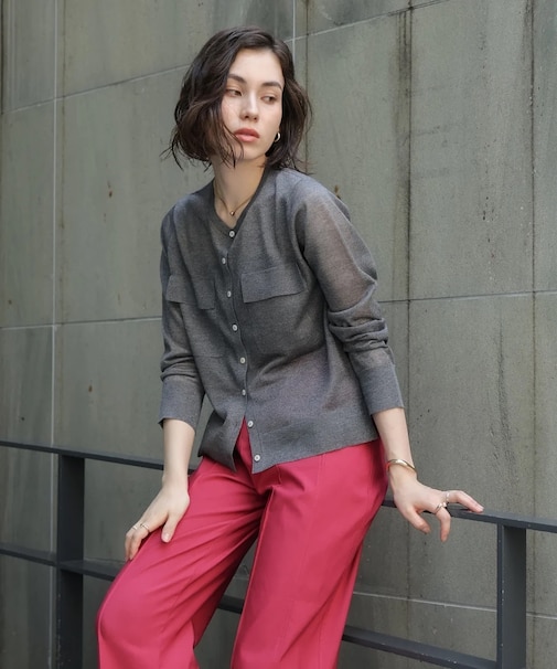 胸フラップポケットシアーニットカーディガン