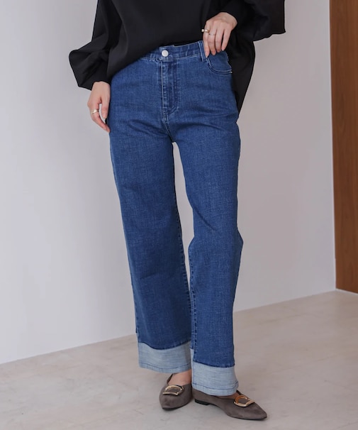 折り返しワイドデニムパンツ