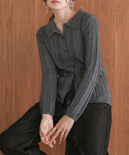 ラメシャツカラーニットトップス