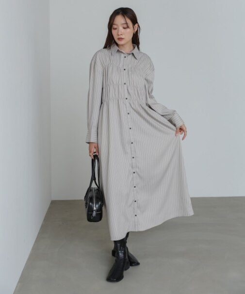 ストライプビスチェ風シャツワンピース