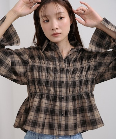 シャーリングビスチェ風デザインチェックシャツ
