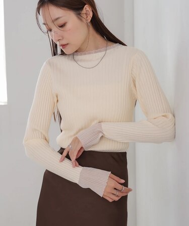 【選べるネック】シアー使いリブニットトップス