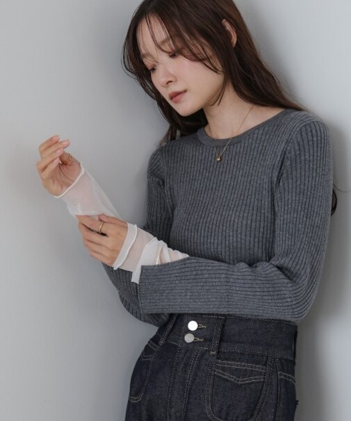 （選べるネック）チュールレイヤードリブニット