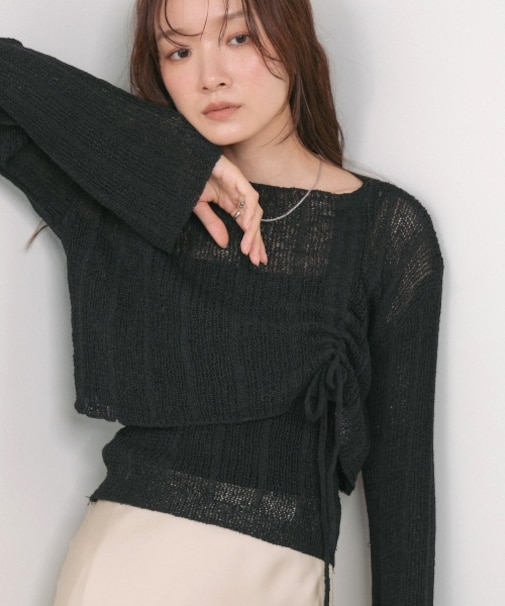 【Bab】シャーリングリボンクロップド丈トップス×キャミセット