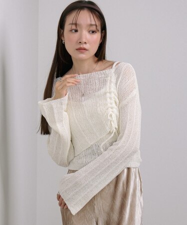 【Bab】シャーリングリボンクロップド丈トップス×キャミセット