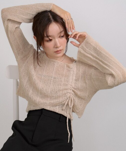 【Bab】シャーリングリボンクロップド丈トップス×キャミセット