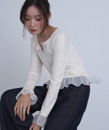 【Bab】裾フリルヘンリーネックカットソー