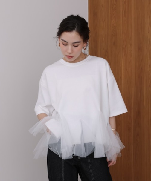 裾チュール五分袖チュニック