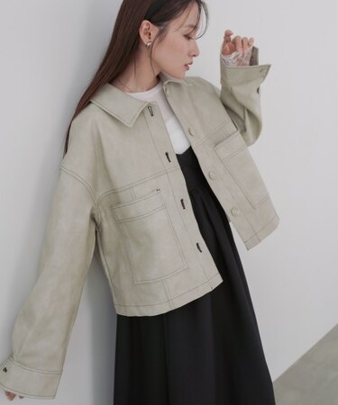 ムラ合皮配色ステッチジャケット