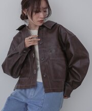 ムラ合皮配色ステッチジャケット