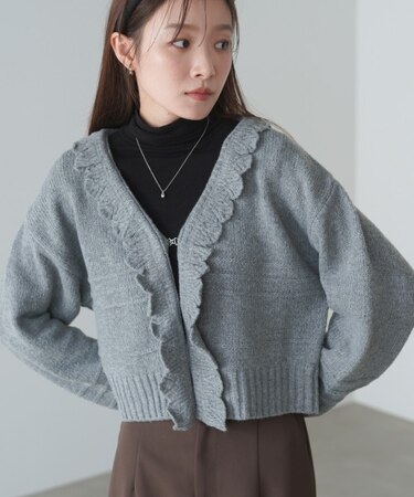 起毛フリルカラーホックカーディガン