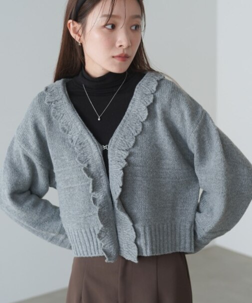 起毛フリルカラーホックカーディガン