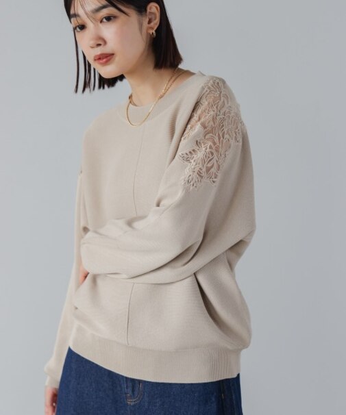 肩レースドルマンニットプルオーバー