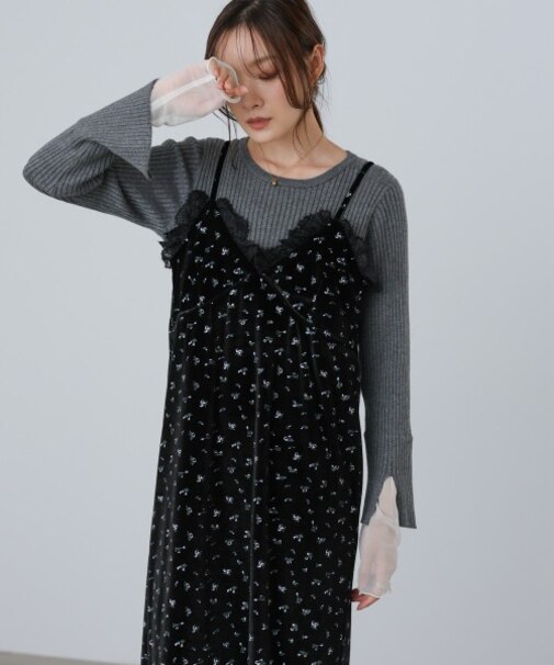 【Bab】小花柄レース付きベロアキャミワンピース
