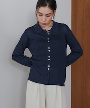 釦デザイン光沢糸ポロ衿ニット