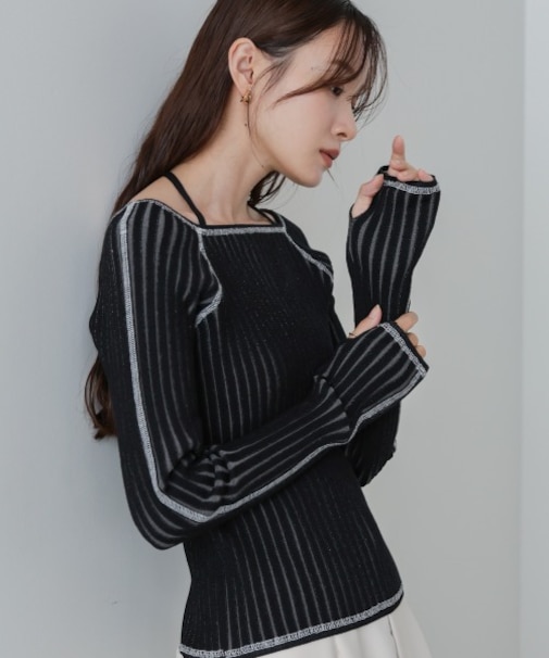 【Bab】配色ステッチスクエアネックニットトップス