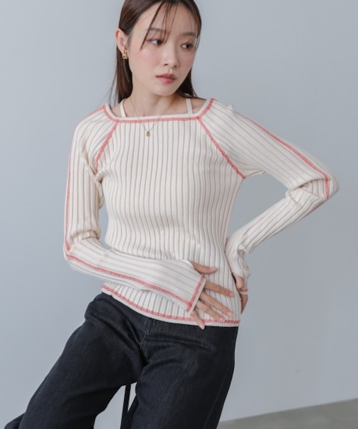 【Bab】配色ステッチスクエアネックニットトップス