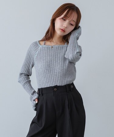 【Bab】配色ステッチスクエアネックニットトップス