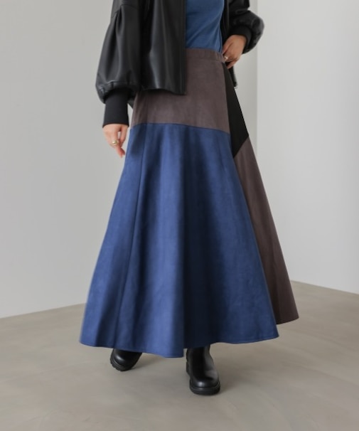 バイカラーフェイクスウェードスカート