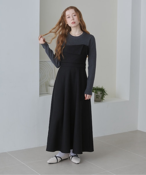 【Bab】選べるネック・レイヤード風ドッキングニットワンピ