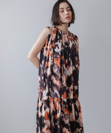 ボカシプリントギャザー切替ワンピース