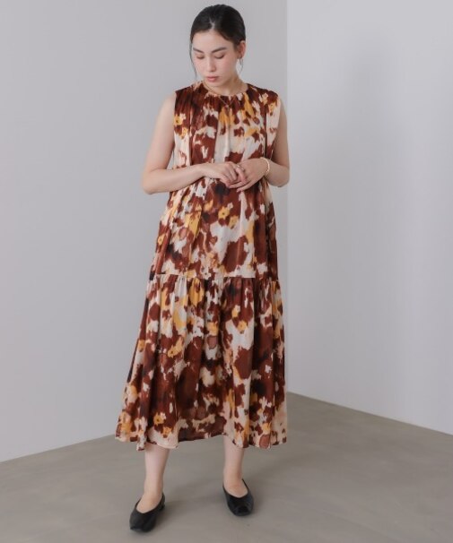 ボカシプリントギャザー切替ワンピース