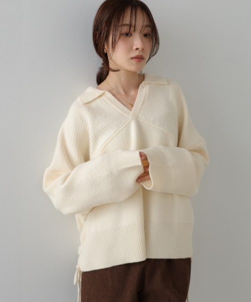 【Bab】襟付きリブ切替サイドドロストニットトップス